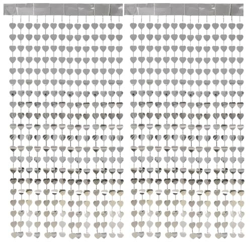 Prmape 2 Stück Lametta Vorhänge Silber, 1x2m Lametta Vorhang Herz, Glitzervorhang zum Kleben, Glitzer Vorhang Geburtstag für Tür Hochzeit Geburtstag Silvester Party Valentinstag Deko