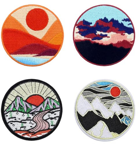 4 Pcs Sunrise from Mountain Vintage Emblem Patch Iron On Sew On Colour Embroidered Fastener Cute Style Funny Applique Tactical Military Patches for Jacket,Hats,Vest,Bags,Clothes,Jeans,Backpacks