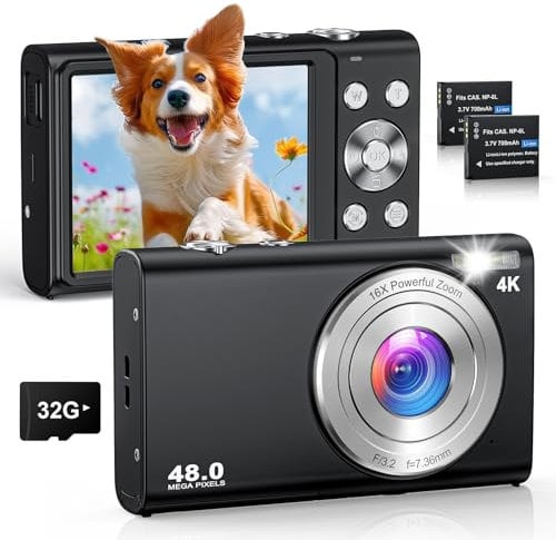 4K HD Cámara Digital 48MP Autofocus Cámara de Fotos con Tarjeta SD de 32 GB, Cámara Compacta Zoom 18X y 2 Baterías, Recargable Compacta Portátil Cámara para Principiantes