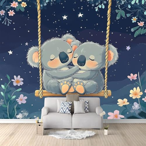 Art Papier Peint Intissé 3D Style Dessin Animé Ciel Nocturne Koala Balançoire Muraux Tapisserie Photo Décoration Murale Papier Peint 200 x 140 cm Salon Chambre Bureau Couloir Peinture Murale Décor