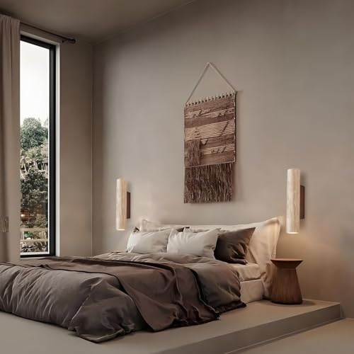 YUPIN Gelb Travertin Wandleuchte Handgefertigt Wabi Sabi 32cm | Doppel G9 Fassung, Japanische Nachttisch Wandlampe, Für Schlafzimmer Wohnzimmer Flur, Elegante Wanddekoration
