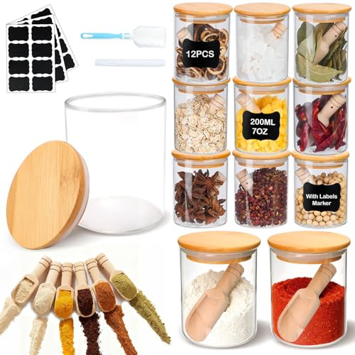 MOAMUN 12 PCS Glass Spice Jars and 12 Wooden Spoons, 7OZ | Airtight, Food-Grade, Heatable, Includes Bamboo Lids, Labels, Pen and Sponge Brush, Spices Seasoning Tea Herbs Grains Use