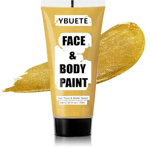 YBUETE Gold Water Based Face Body Paint, 2.37 OZ Large Tube Full Coverage Face Paint for Skull Goth Cosplay Makeup, Washable Metallic Gold Body Painting Cream for Adult Carnival Halloween SFX Makeup