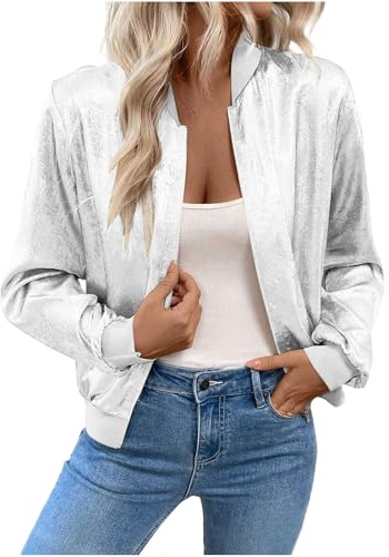 Mrat Bomberjacken für Damen, metallisch glitzernd, lange Ärmel, Reißverschluss, leichte Bikerjacke, Glitzer, Club, Party, Festival, Baseballjacke, glänzender Look, Tops, Hochzeit, Tanz, Ausgehen
