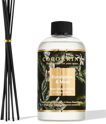 COCORRÍNA Recharge Diffuseur de Parfum 500ml avec 8 Bâtons, Eucalyptus & Moss, Parfum Longue Durée aux Huiles Essentielles Naturelles, Parfum d'intérieur pour Le Salon, la Chambre et la Salle de Bains