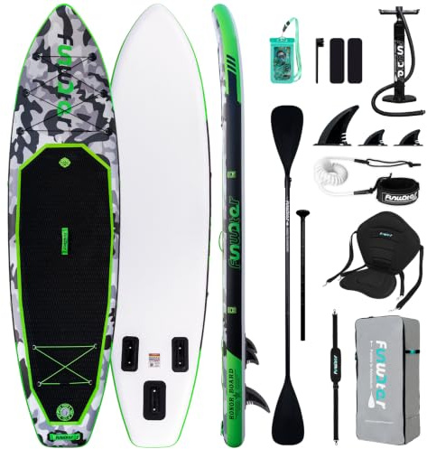 FunWater Tabla de paddle surf hinchable de 330 cm – set completo con remo, mochila, funda para teléfono móvil, 3 aletas, bomba, asiento y correa para el hombro – tabla SUP para principiantes y