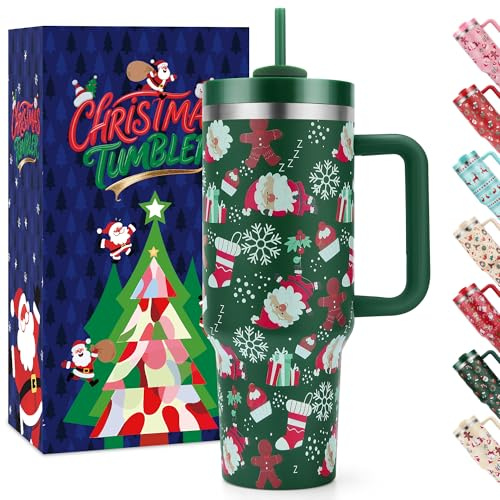 BesWin 40 oz Christmas Tumbler with Handle and Straw Lid, Triple Wall Stainless Steel Insulated Travel Mug Cup, Fit in Cup Holder, Christmas Gifts for Women Men Kids(Dark Green Santa Gingerbread Man)