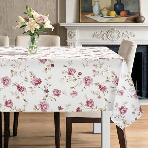hometrixx Tischdecke Frühling Retro Vintage Blumen Rosenmotiv 140x100 Rosa | Tischdecken Abwaschbar,Fleckabweisend,Pflegeleicht,Polyester Tischtuch Rechteckig,für Party Picknick Abendessen Küche Dekor