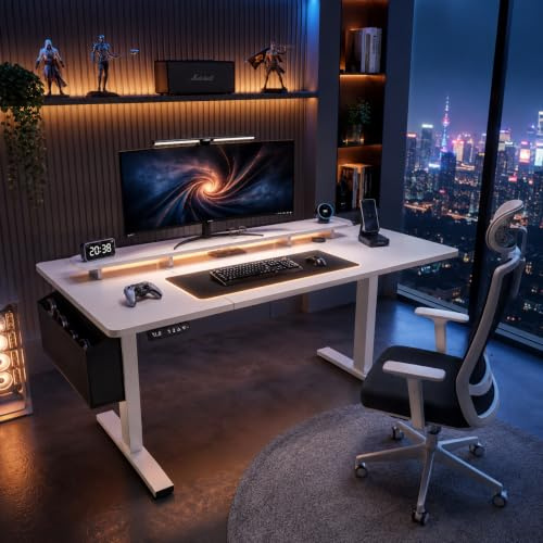 GOKHOMX Bureau Assis Debout Électrique 160x75cm,Reglable en Hauteur 70 et 117,5 cm,avec Lumineuse,USB, Sac et Crochet,2 Fonction Mémoire,Bureau Gaming Electrique Rrgonomique,Blanc