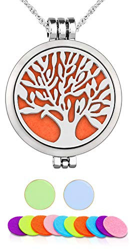 Aromathérapie Huile essentielle Diffuseur Pendentif Collier, WAWJ Arbre de vie en acier inoxydable Cadeau de Noël Bijoux avec chaîne de 61 cm et 12 Patins en feutre
