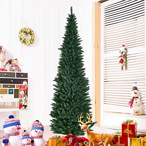 COSTWAY 5FT/6FT/7FT/8FT Green Pencil Slim Christmas Tree, Traditional Artificial Pine Xmas Tree with Metal Stand, Christmas Decoration and Gift (Green, 8FT/2.4M)
