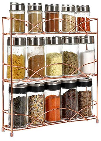 Vinsani 3-Tier Spice Rack – Freestanding Kitchen Shelf Organiser for Herbs, Spices, Jars & Bottles – Space-Saving Countertop & Cabinet Storage, Chrome-Plated Iron - Rose Gold