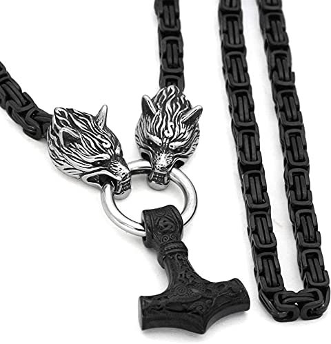 DFWY Wikinger Herren Wolf Head Mjolnir Halskette, Nordic Celtic Thor's Hammer Anhänger, Männer Titan Stahl Square Schwarz König Kette Pagan Amulett Schmuck Geschenk (Color : Silver Head, Size : 70cm)