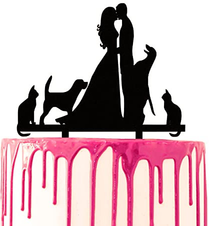 CARISPIBET Tortenaufsatz für Hochzeitstorte / Hochzeitsparty, dekorative Acryl-Kuchendekoration, zwei Hunde, zwei Katzen, Tierliebhaber, Bräutigam und Braut, Kusskuchenaufsatz