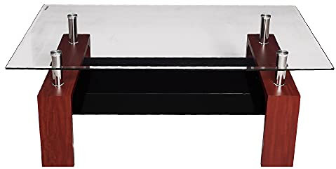 Dmora Table basse moderne, plateau en verre trempé, Table basse avec étagère, 110x60h45 cm, Couleur marron