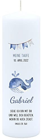 Miss Lovely Taufkerze für Jungen personalisert WAL-Fisch in blau & weiß mit Namen Taufdatum & Taufspruch Paten-Geschenk & Baby-Geschenk Geburt Boy
