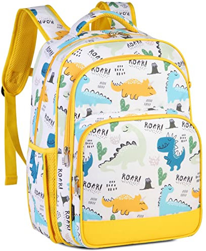 VASCHY Kinder-Rucksack für Mädchen und Jungen, niedlich, 40,6 cm, für Grundschule, mit Brustgurt, Schnalle und mehreren Fächern, Dinosaurier, Gelb, one size, Casual