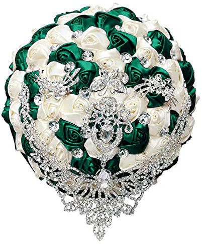 XINNI Smaragdgrüner Hochzeits-Brautstrauß für Braut Brautjungfer Satin Rose Blume Hochzeitsstrauß mit tropfenförmigen Strasssteinen Dunkelgrün und Elfenbein