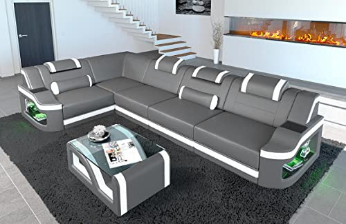 Ecksofa Padua Ledersofa L Form Sofa - mit LED Beleuchtung, verstellbare Kopfstützen, Recamiere/Lederfarben wählbar/Ausrichtung wählbar (Ecke Links, Grau-Weiß)