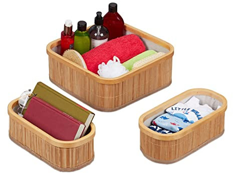 Relaxdays Aufbewahrungskorb 3er Set, Badkörbe in 2 Größen, Bambus & Polyester, stapelbar, für alle Räume, natur/creme