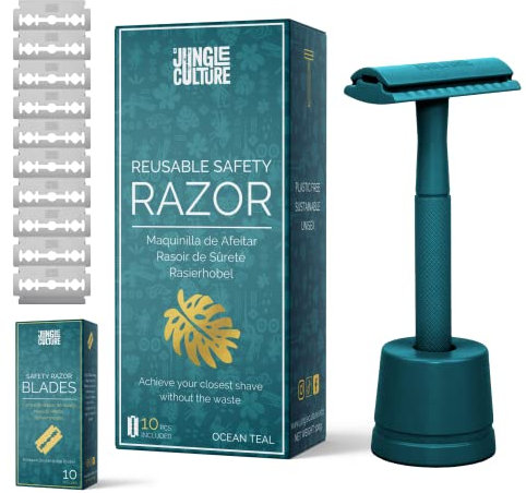 Jungle Culture® Rasierhobel Damen und Herren inkl. 10 Klingen & Rasierständer in Türkis • Nassrasierer für Frauen • Einzelklingen Metall Rasierer für Körper Gesicht & eBook Rasierführer • Safety Razor