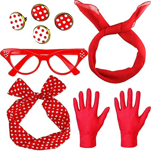 dcas 9 Stück Rockabilly Accessoires 50er, Jahre Kostüm Zubehör Set, Retro Accessoires 50er Kostüm 50er Jahre, Chiffon Schal Polka Dot Bandana Krawatte Stirnband Ohrringe Retro Cat Eye Eglasses(Rot)
