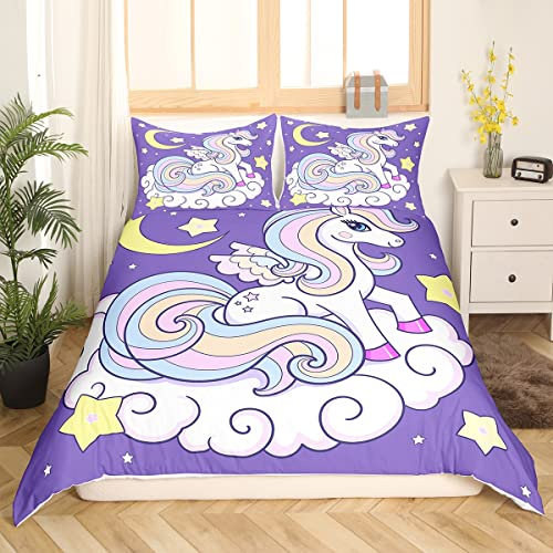 Einhorn Bettwäsche Mädchen Niedliches Cartoon Einhorn Pferd Gedruckt Bettbezug Regenbogen Einhorn Gedruckt Bettwäsche Set Kawaii Raumdekor für Kinder Jugend Lila Galaxie Mond Sterne Bettbezug 135x200