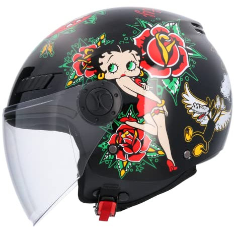 Casque Moto Jet ECE Homologué Casque La Betty Noir Taille XS (53/54) Casque de moto pour homme Casque femme