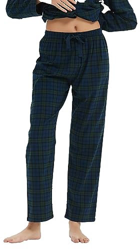 kolipajam Pantalon de pyjama pour femme en 100 % flanelle de coton teinté en fil teinté à carreaux, avec poches, cordon de serrage à la taille, pantalon de loungewear, motif à carreaux bleu foncé pour