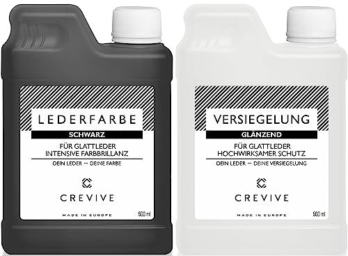 CREVIVE Lederfarbe Schwarz 500 ml & Leder Versiegelung Glänzend 500 ml – für Echtleder zum färben und umfärben - zum Schutz und zur Fixierung von Leder Farbe - Lederfarbe Sofa - Lederfarbe Auto