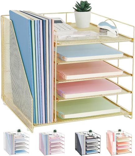 LEKETREE Desk Organizers with File Holder, 5-Tier Paper Organizer Letter Tray with Sliding Drawer and Extra Pen Holder, Mesh Desktop File Organizer for School Office Supplies (Gold)