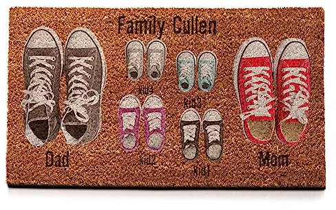 Wanapix | Fußmatte aus Kokosfasern Personalisiert mit Name | Original Türmatte für Innenbereiche | Unterseite | Familien Namen | 2 Schuhe + 4 Kind