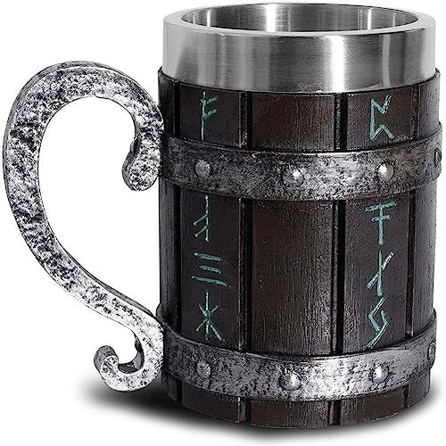 Vintage Viking Mug, Wooden Beer Stein Stainless Steel Liner, Nordic Viking Runes Tankard Coffee Cup for Men