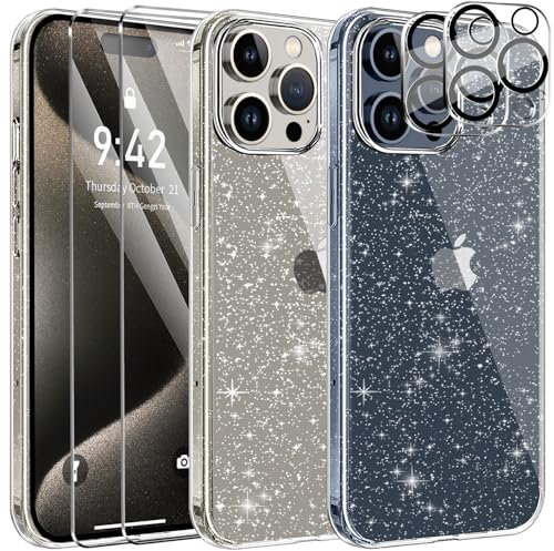 AROYI 5 in 1 Cover Compatibile con iPhone 15 Pro Custodia Glitter Silicone Morbido TPU Protezione Case con 2 Vetro Temperato 2 Vetro Fotocamera AntiGraffio Protettiva Bling Paraurti Antiurto