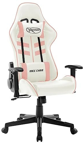 SKM Chaise de gaming blanche et rose en cuir synthétique, poids : 18,15 kg, 20534