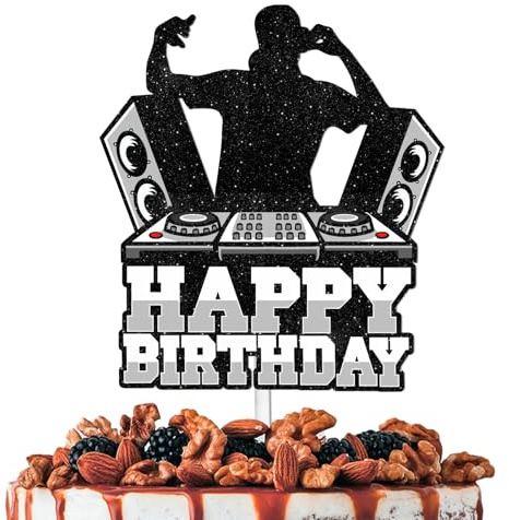 White Glitter Sound DJ Happy Birthday Cake Topper Cheer to Rock and Roll Music Theme Decor Supplies Men Women Boys Girls Birthday Party Decorations