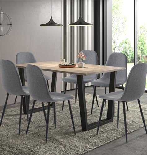 Hallowood Furniture Dudley Oak Effect Dining Table and Chairs Set 6, 150cm | Large Dining Table with U Shaped Legs and Six Dark Grey Fabric Chairs, Modern Dining Room Sets for Home, Cafe and Restaurants