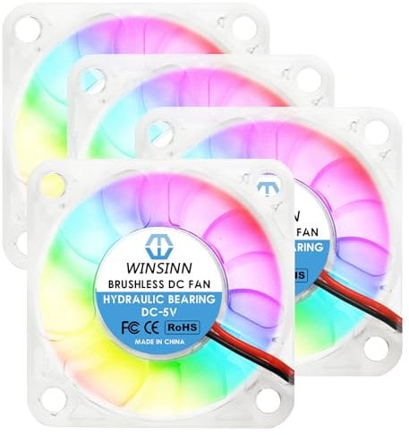 WINSINN 50mm RGB Fan 5V, LED Colorful Micro 5 Volt Fans 5010 Hydraulic Bearing, Brushless Cooling 50x10mm 2PIN, Works with 3D Printer/Computer/Notebook/PC Case/Router/TV Box (Pack of 4Pcs)