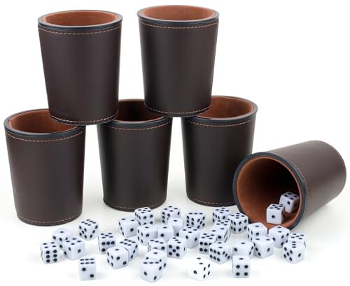 TOPTAN PU Leather Dice Cup Set, Includes 6 Dice Shakers and 36 White Dice for Yahtzee Farkle Dice Game