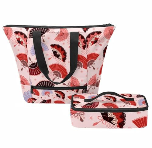 VAPOKF Traditionelle spanische Fächermuster Handtaschen für Frauen, Tote Umhängetasche mit isolierter Lunchtasche Set, Top Griff Schulter Handtaschen mit Reißverschluss, multi, Einheitsgröße