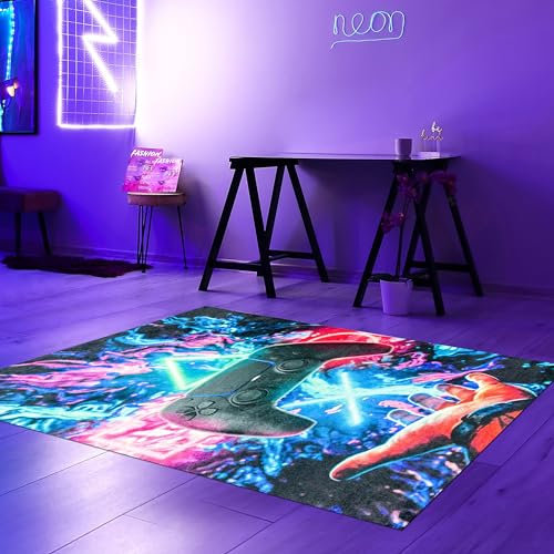 Teppich-Traum Gamingteppich dünn antirutsch strapazierfähig Kontroller mit neonfarbenen Symbolen in bunt, 100 x 150 cm