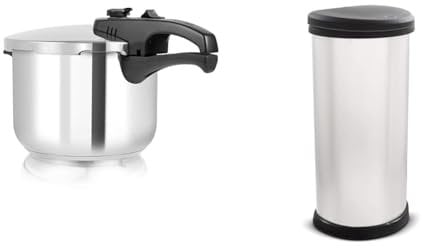 Tower T80244 6L/22cm Pressure Cooker with Steamer Basket, Stainless Steel, Silver & Curver Metal Effect 70% Recycled Kitchen One Touch Deco Bin, Silver, 40 Litre