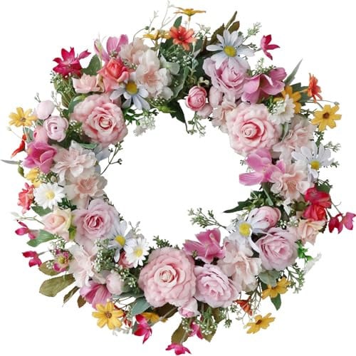 Fouriding Frühlingskranz für die Haustür 45CM, Künstliche Blumen Kranz Sommerkranz für Fensterdekoration im Freien Haustür Home Decor (C)