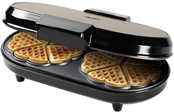Bestron Doppel-Waffeleisen für klassische Herzwaffeln, Doppel-Waffeleisen in Herzform, Waffelmaker mit Backampel & Antihaftbeschichtung, 1.200 Watt, Farbe: Beige