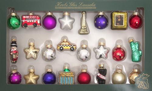 Krebs Glas Lauscha - Weihnachtsdekoration/Christbaumschmuck aus Glas - 24 Tage um die Welt Figurensortiment - Menge: 24 Stück - Größe: ca. 3 cm
