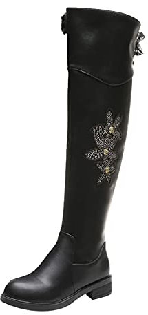 Stivali sopra il ginocchio da donna con tacco piatto – Stivali alti al ginocchio con chiusura lampo, motivo floreale, stivali lunghi in pelle PU, stivali da equitazione, tinta unita, eleganti, Nero ,