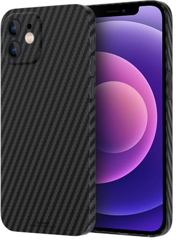 X-level für iPhone 12 Hülle, 0,35 mm Ultra Dünn und Leicht Handyhülle Aramidfaser Kratzfeste Cover Carbon Textur Schutzhülle Kameraschutz Extrem Slim Hard Case 6,1 Zoll - Schwarz