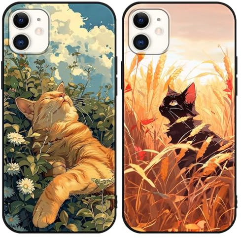 Yimctoie 2 Stück Handyhülle für iPhone 11 Hülle 6,1,Cute Orange Katze Anime Aesthetic Blumen Case,Schwarz Cat Cartoon Ästhetik Schutzhülle Silikon TPU Stoßfeste Kratzfest Cover für iPhone 11