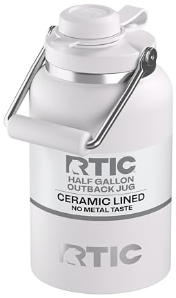 RTIC Half Gallon Outback Jug, Ceramic Lined, White | Stainless Steel, Insulated Water Bottle with Lid and Handle, Double Wall Vacuum Insulation