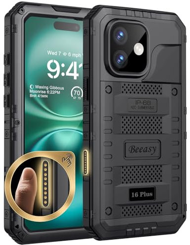 Beeasy for iPhone 16 Plus Case Waterproof Heavy Duty Metal Armour Cover Shockproof Dustproof Built-in Screen Protector, Robust Full Body Protective Military Rugged Case for iPhone 16 Plus, Black
